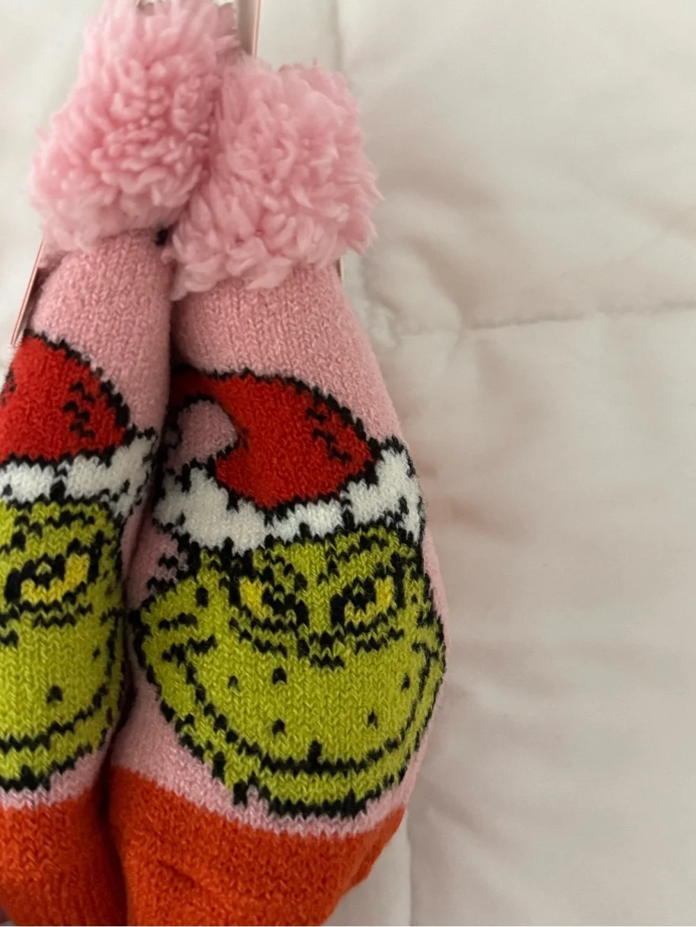 Kids Pink Grinch Fuzzy Cuff Christmas Socks
